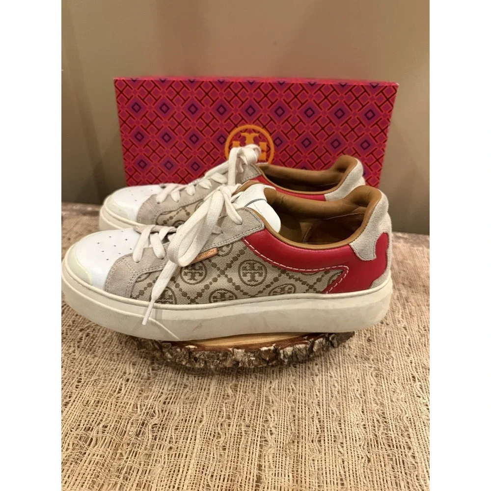 Tory Burch T Monogram Ladybug Court Sneaker 10.5M Beige Logo Red Leather Retro